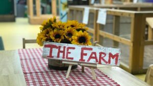Sign reads "The Farm" in front of pot of sunflowers on table