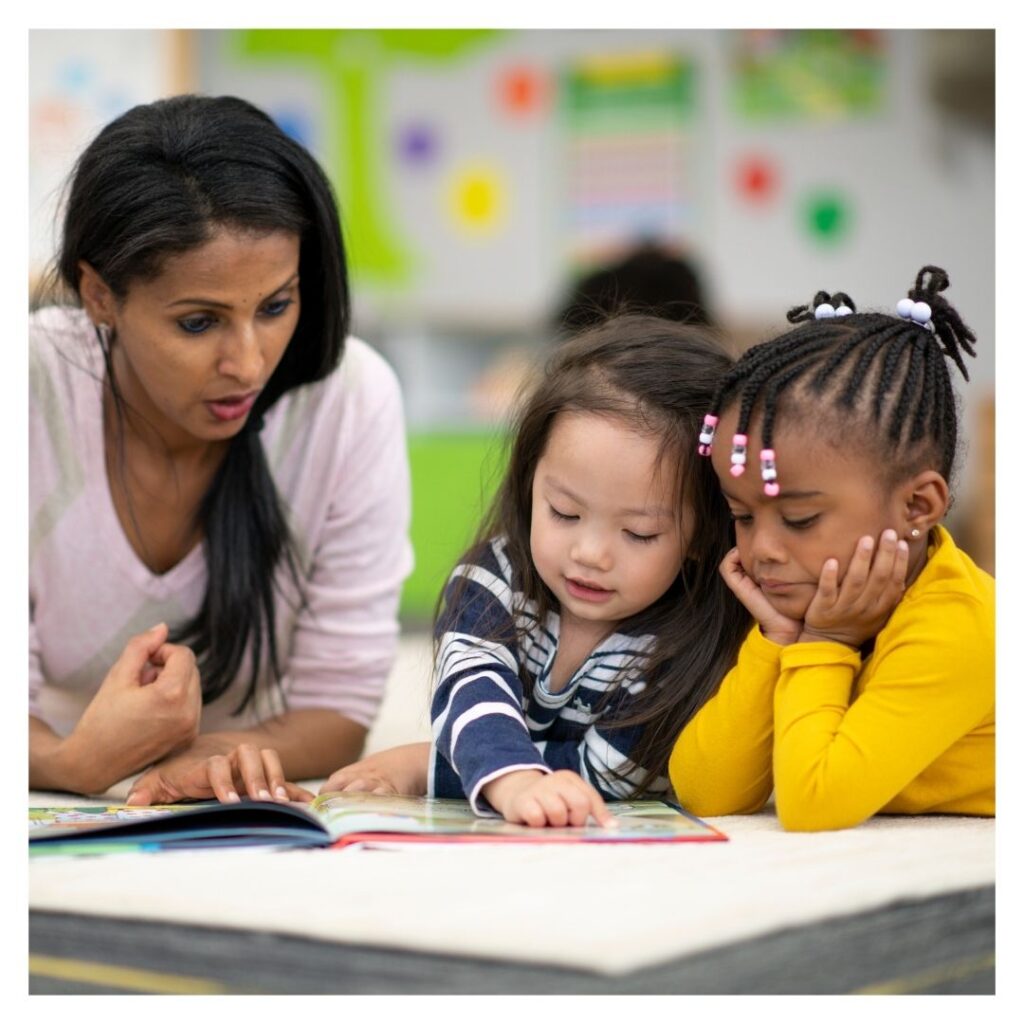 A preschool teacher and two students