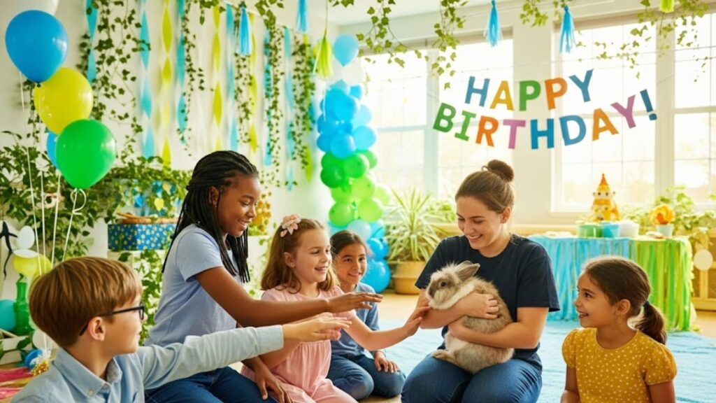 children and a staff member laughing while petting a rabbit at a fun and colorful birthday party