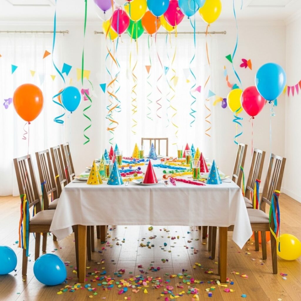 a bright, clean, and empty party room decorated for a child's birthday