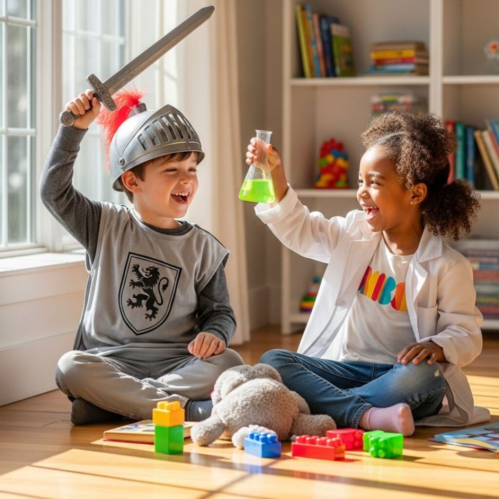 two happy, diverse children playing pretend. One child is dressed as a knight, and the other is a scientist, both laughing in a brightly lit room