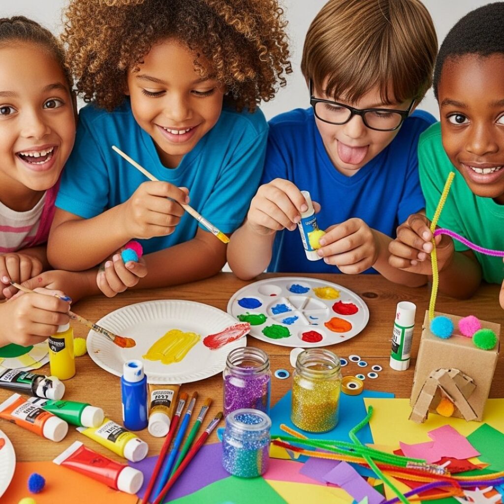 a group of happy children deeply engaged in a fun and creative art project during a birthday party