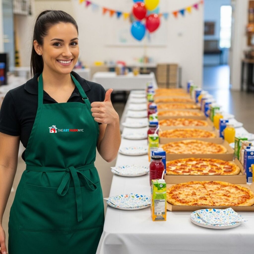 a friendly staff member giving a thumbs-up, showcasing a perfectly organized party setup