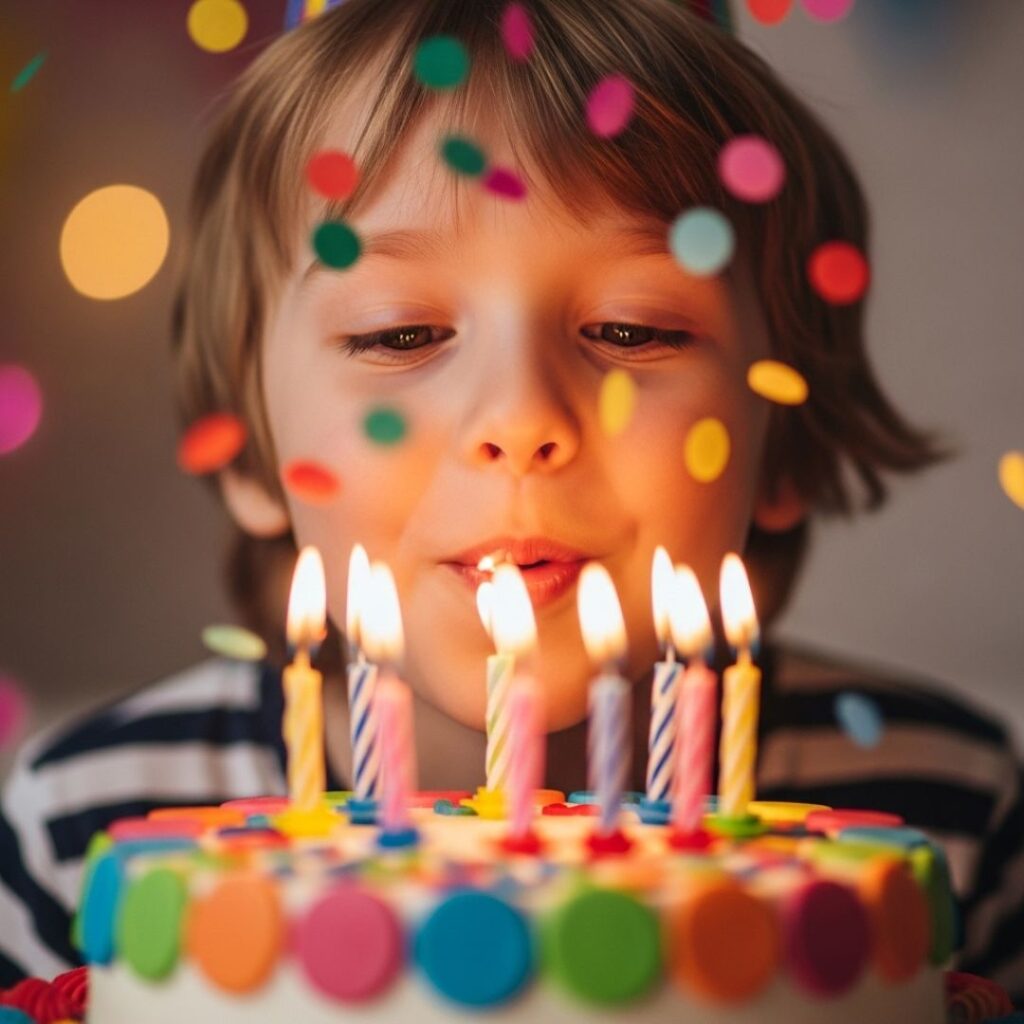 a joyful child's face illuminated by the glow of birthday candles as they make a wish, creating a lasting memory
