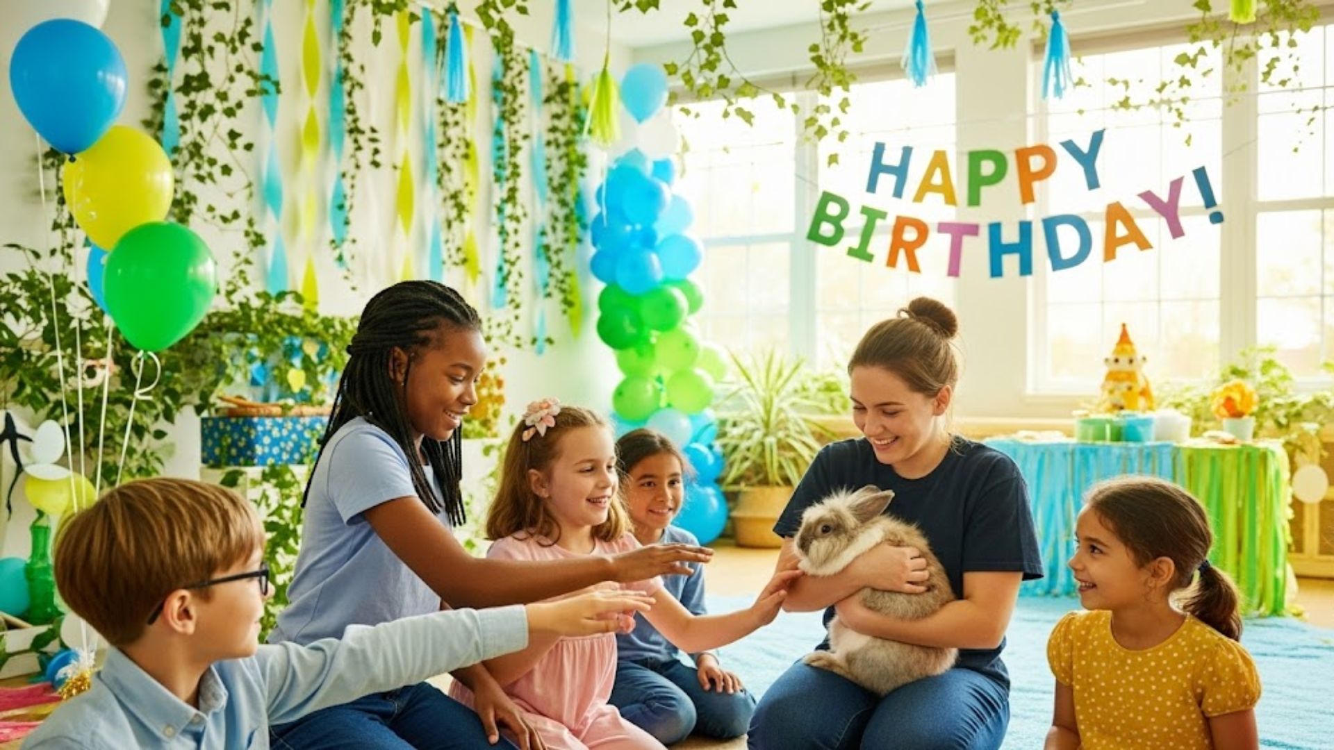 children and a staff member laughing while petting a rabbit at a fun and colorful birthday party