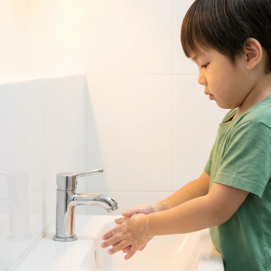 little boy washing hands in sink