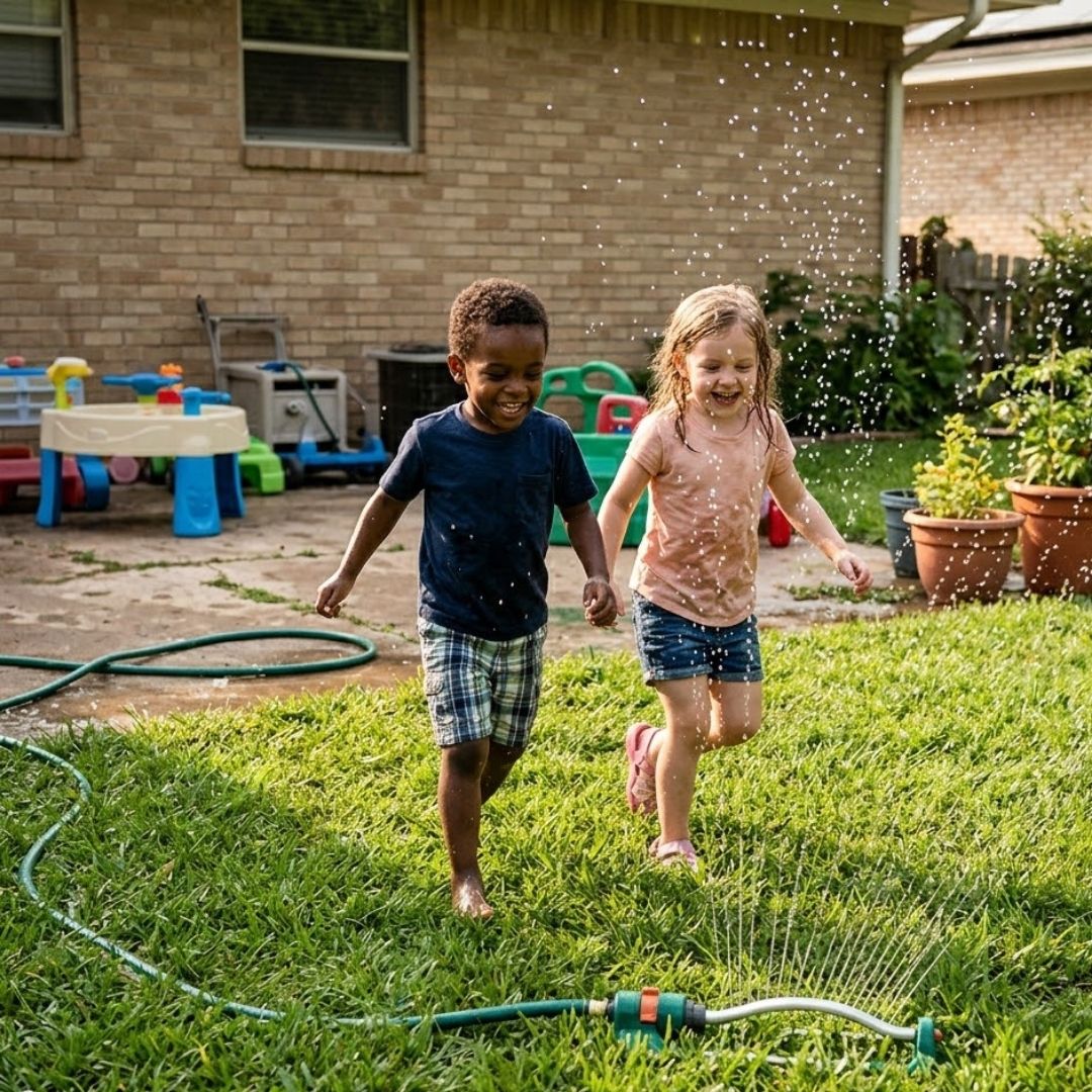 two kids running through sprinkler in backyard