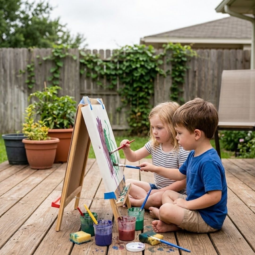 two little girls sitting on back deck space painting on an easel