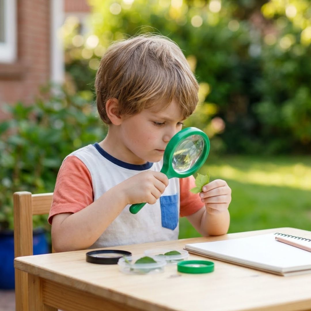 boy sitting at table in backyard inspecting leaves under a magnifying glass