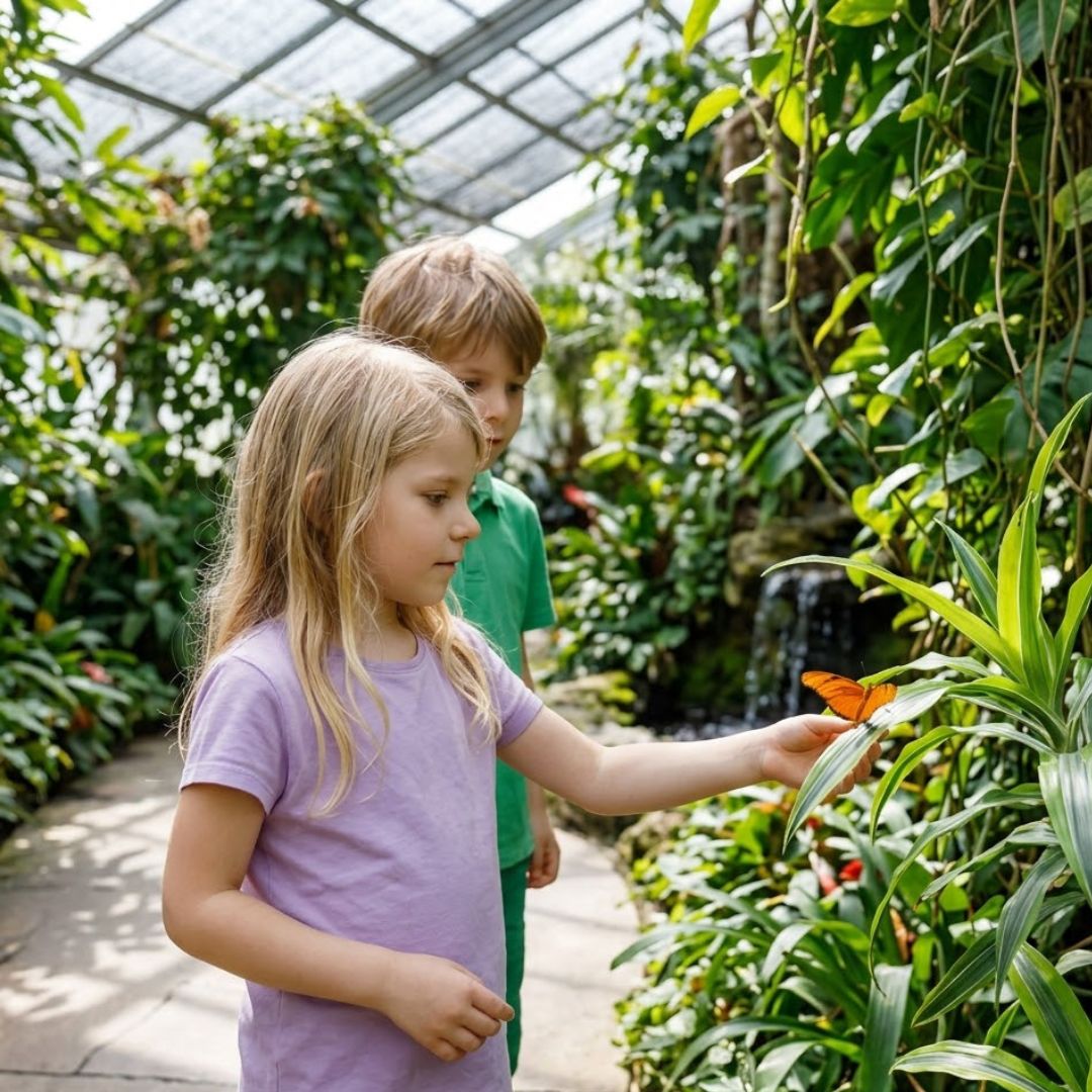 kids walking through a botanical garden looking at a butterfly