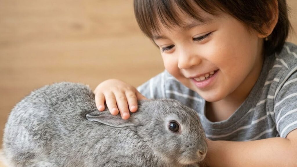 smiling little boy petting a grey bunny